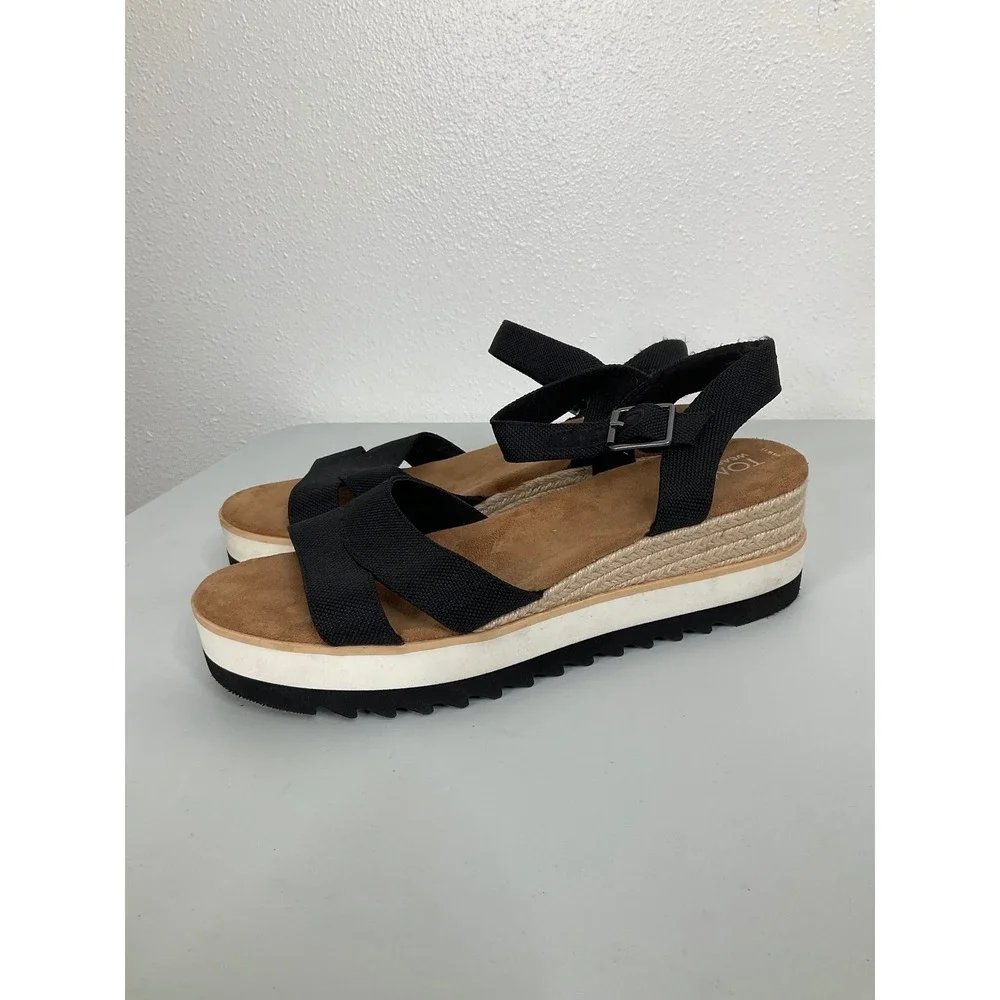 TOMS Diana Black Canvas Platform‎ Wedge Espadrille Sandals Womens 11